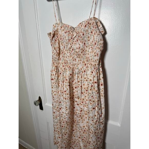 H&M Pink Peach Girly Ditsy Floral Smocked Poplin Midi Sun Dress Women's XL - Picture 5 of 7